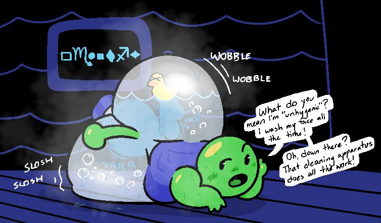 woshua (undertale) laying on his side with two massive asscheeks (theyre kinda like water balls here)

dialogue reads:
"What do you mean I'm 'unhygenic'? I wash my face all the time! Oh, down there? The cleaning apparatus does all the work!"
