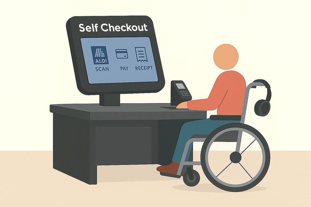 Illustratie van een persoon in een rolstoel die bij een zelfscan-kassa boodschappen afrekent. Op het scherm staat 'Self Checkout' met de opties 'Scan', 'Pay' en 'Receipt'.