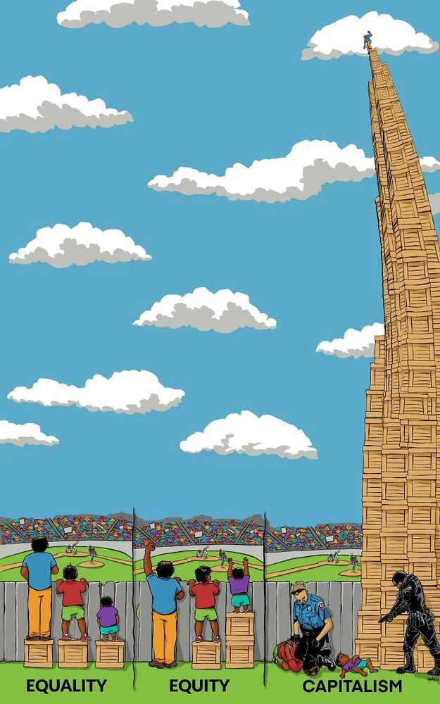 The Equality-Equity meme, but there’s a third panel of the tallest baseball spectator on a gratuitously stacked bunch of crates, whilst the other two are violently apprehended by cops.

https://www.reddit.com/r/LateStageCapitalism/comments/16kbcqb/equality_equity_capitalism/