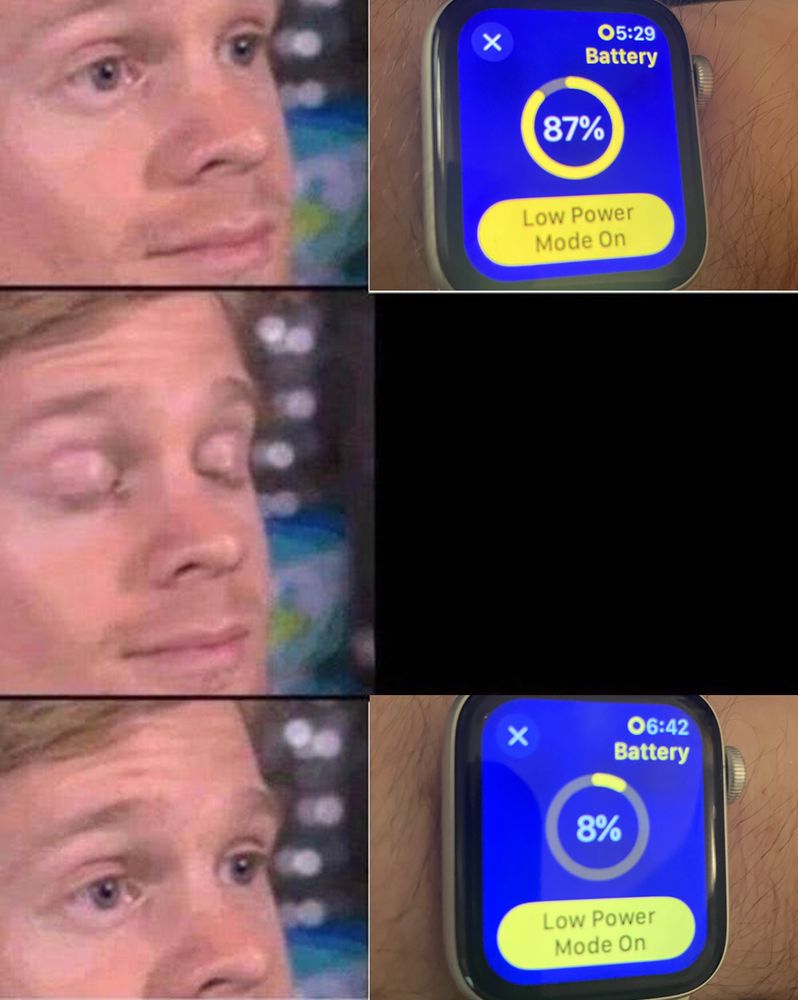 A man closing his eyes and seeing that his Apple Watch battery has gone down considerably.