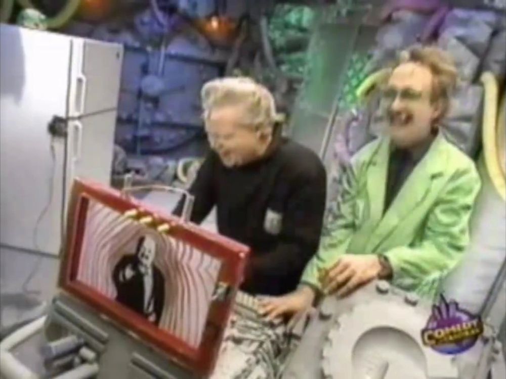 Dr. Clayton Forrester and TV’s Frank demonstrating the William Conrad Fridge alert through gratuitous yet infectious giggles.