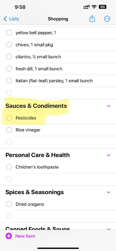 Apple Reminders screenshot. App is open grocery list. Highlighted, under the category “Sauces and Condiments”, is an item for “pesticides.”
