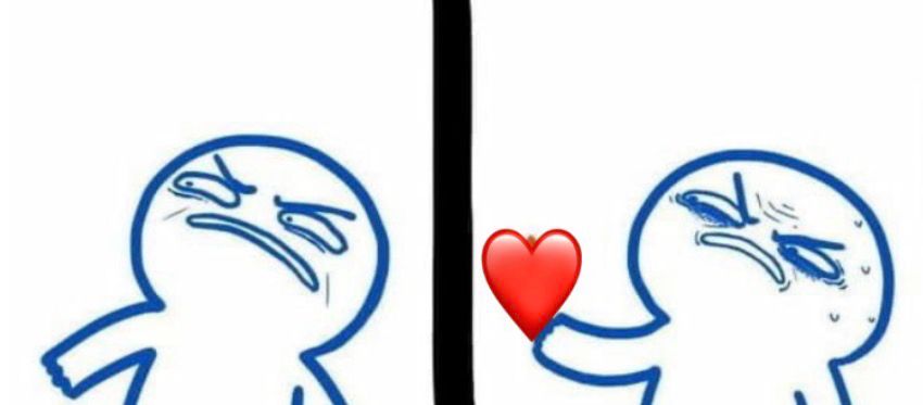 Angry cartoon character handing over a heart 