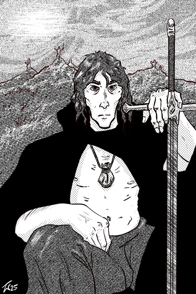 A digital drawing in black and white with halftone shading. It is Severian the Torturer from Book of the New Sun, resting his hand on his sword and staring straight ahead. His fulugin cloak is rendered in spot black. The sky is cloudy and hazy.