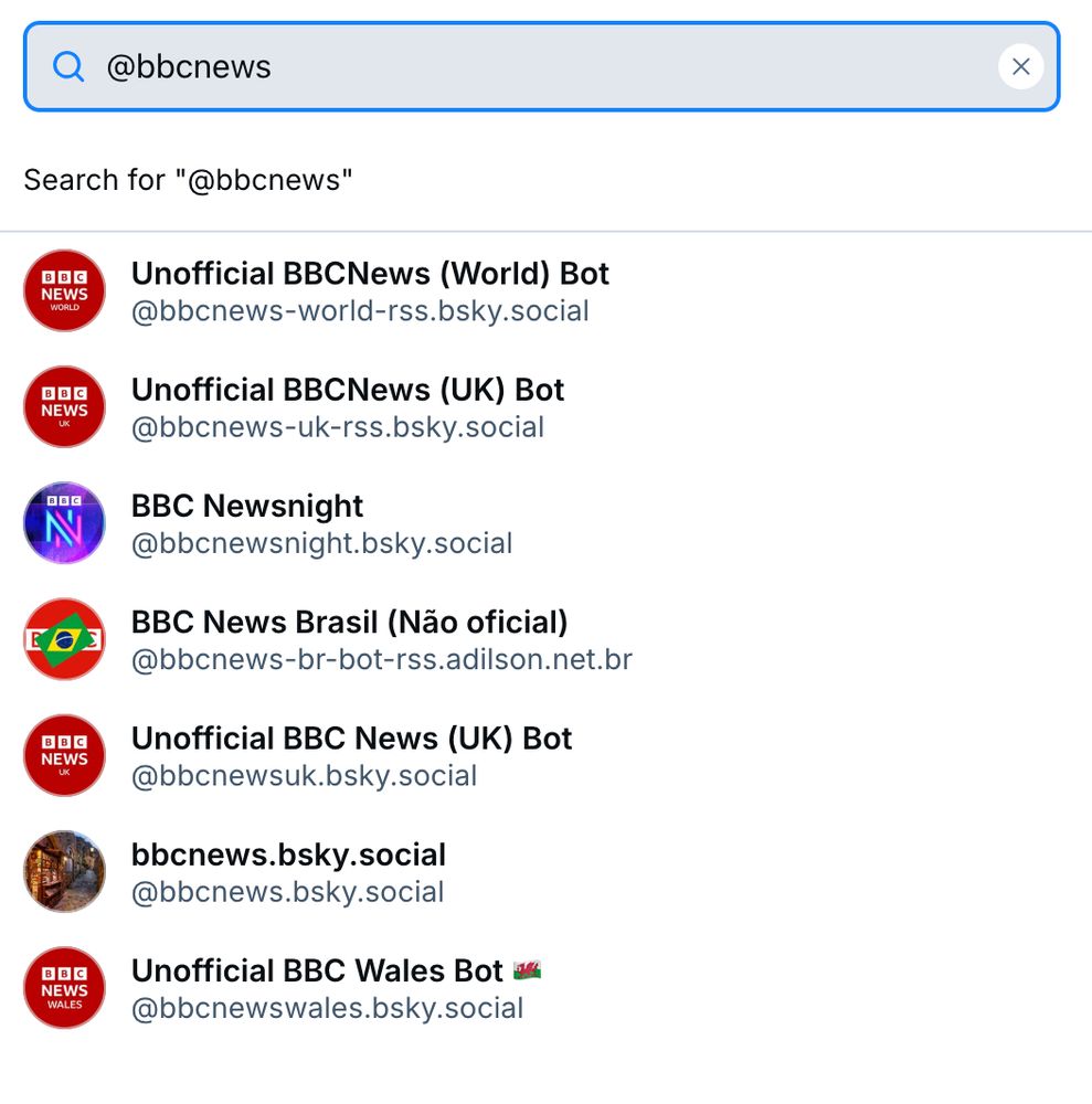 Screengrab of search results in Bluesky for the handle "bbcnews". It shows a list of accounts all of which could be the real BBC news, but it's unclear.