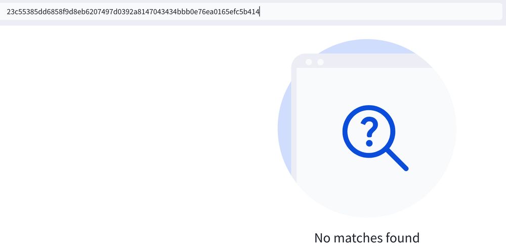 Search results in VirusTotal showing zero results