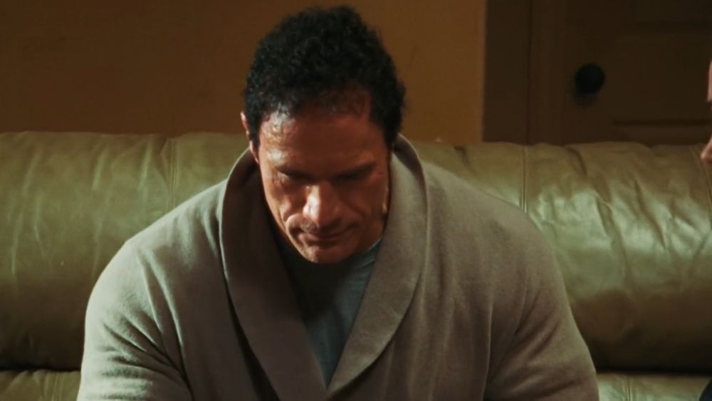 Dwayne "The Rock" Johnson looking weird as Mark Kerr.