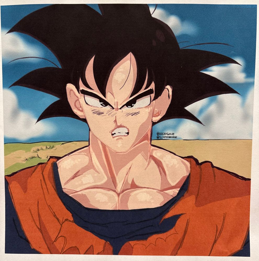 Drawing Goku from dragon ball z. He’s a white skinned man in the anime. His hair is spiky and formed of seven triangles with wispy parts hanging out between them. He’s wearing an orange jumpsuit over a dark blue t shirt. He looks very angry and it’s probably in the middle of a fight with someone. 