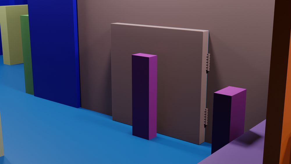 A front-facing view of a finished walk-in refrigerator model. The beige door is closed and sealed with rubber grommets, while a purple hinge visually connects the door to the frame. The smooth edges and minimal details highlight the final, functional design of this in-game asset.