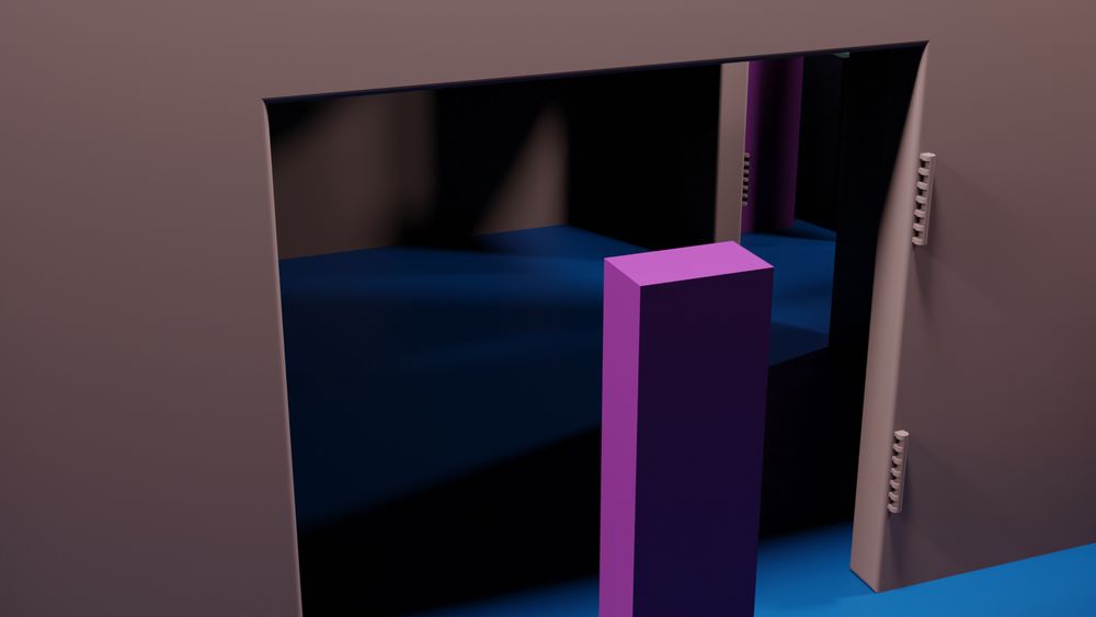 A wide shot of a partially modeled walk-in refrigerator, showing smooth beige walls and a tall purple rectangular piece that acts as a hinge placeholder. The scene is dimly lit, emphasizing the unfinished yet functional design of the asset’s exterior.