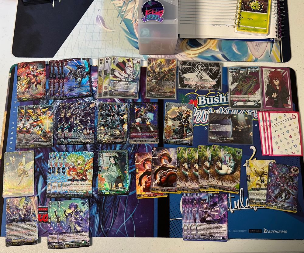 a pile of vanguard cards laid out on a 2025 BSF top 4 mat. 

FR G2 Alq rideline
4 FR vasgolmimus
0-2 RRR Vyrgilla ride line 
SR summit flare dragon 
TDR blazing star cross 
signed foil blaster dark Force marker
2 FR Daiwing
2 SR rotovisor
1 FFR Trabant 
1 SR Daikaiser
FR Strogalmars
RRR Energy marker 
FR Sweet honey 
4 DE/SC grade 2
1 FR G0 veleno 
2 holo conduct spark
4 holo parasolace
1 yellow OT
1 SP DS OT
4 direful dolls order 
2 philander 
1 keter ace unit 