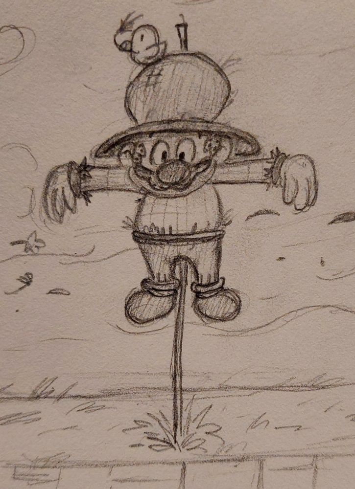 Sketch of Scarecrow Mario hanging on a beam in a grassy plain. It's very windy

A bird that is holding a piece of straw is sitting on his hat