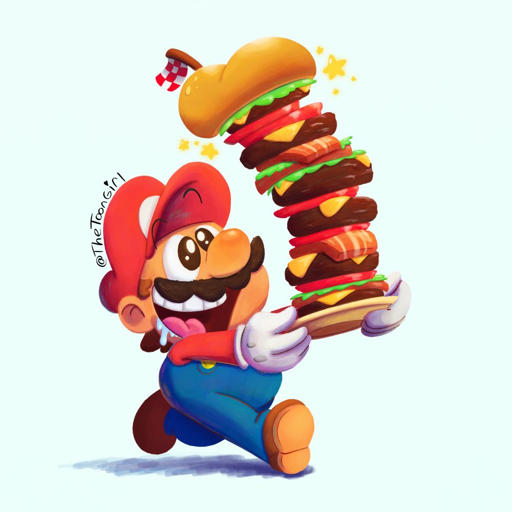 Painting of Mario holding a burger tower with a checkered flag on top.

His mouth is smiling with drool pouring out and his eyes are glistening 