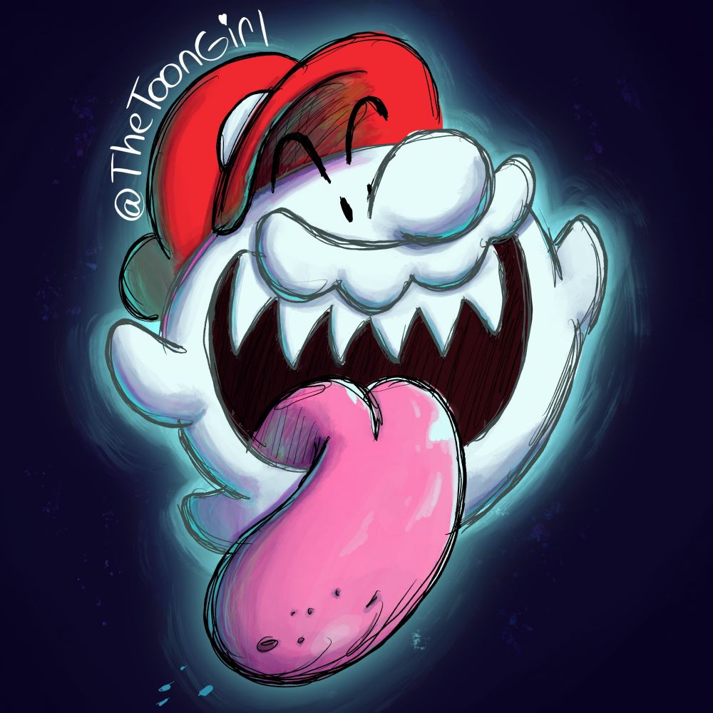 Drawing of Boo Mario scaring the audience with his tounge and fangs out

He's glowing in a dark violet background 