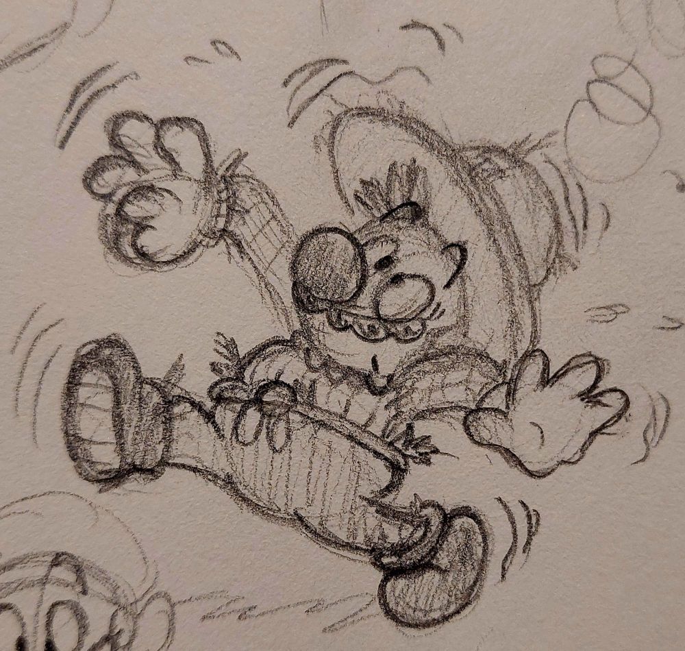 Sketch of Scarecrow Mario clumsily trying to walk