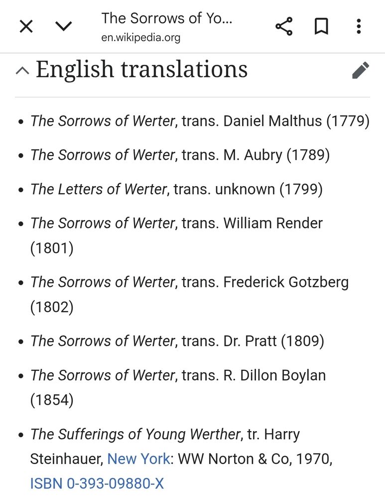 From Wikipedia: A list of English translations of Goethe's "The Sorrows of Young Werther." The first seven editions, appearing from 1779 to 1854, are entitled "The Sorrows of Werter," except for one 1799 version entitled "The Letters of Werter." 