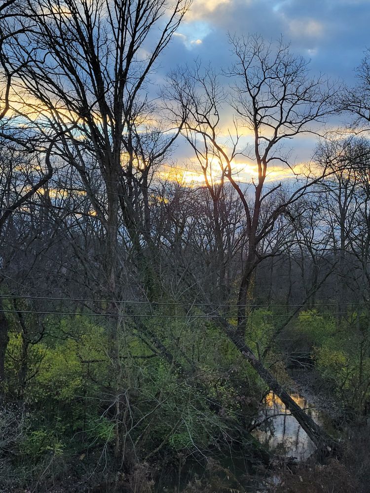 Sunlight illuminates the clouds above a tree-lined creek, reflecting in the water below.