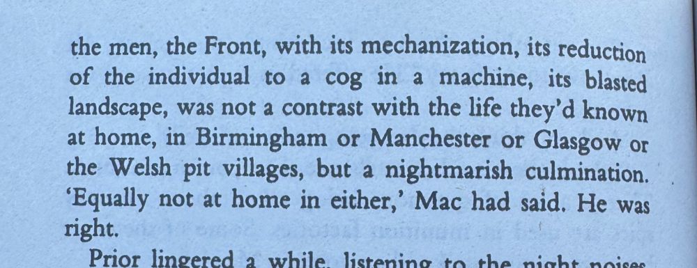 the men, the Front, with its mechanization, its reduction of the individual to a cog in a machine, its blasted landscape, was not a contrast with the life they'd known at home, in Birmingham or Manchester or Glasgow or the Welsh pit villages, but a nightmarish culmination. 'Equally not at home in either,' Mac had said. He was right.