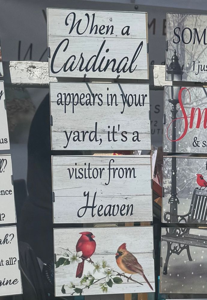 Outdoor sign that says “when a cardinal appears in your yard, it’s a visitor from heaven”
