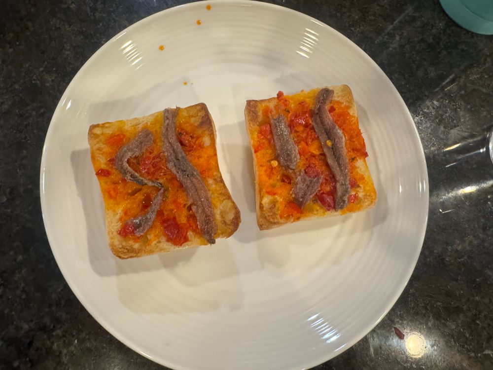 Anchovies and red peppers on toast 