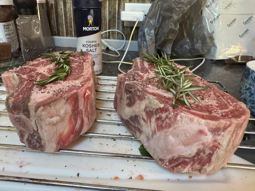 Two huge steaks with rosemary on top 