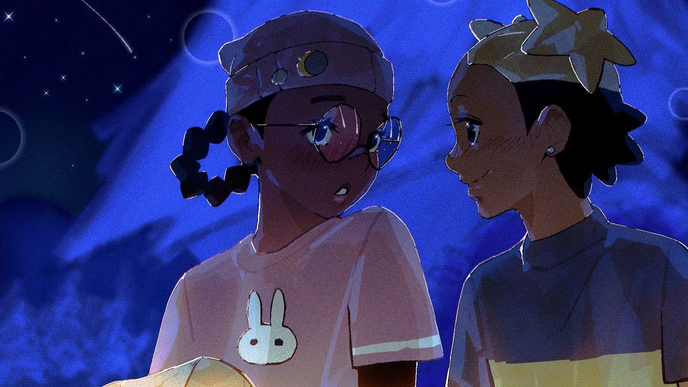 zira looking away as aika smiles and stares closely at them, both blushing, as shooting stars can be seen in the sky and in the reflection of zira's glasses