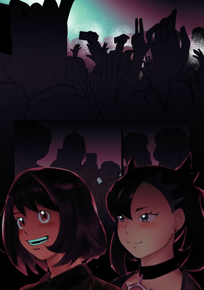 Camera flashes go off.