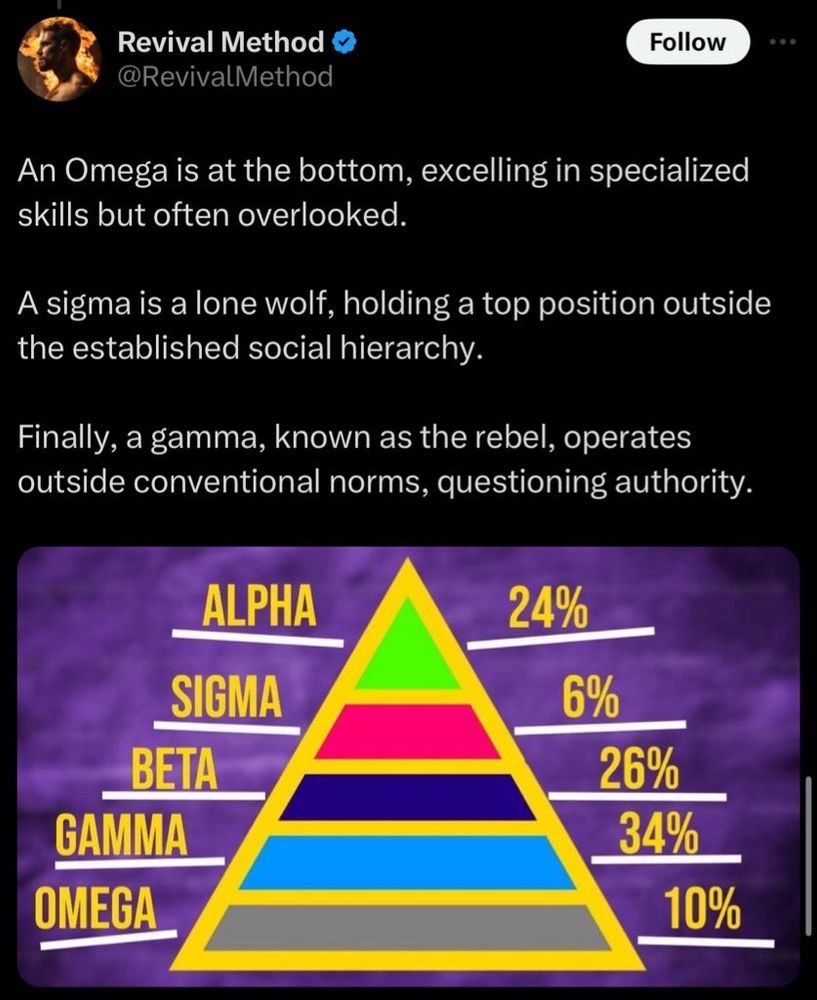 bullshit twitter post about alpha/beta/sigma/gamma/oregano males. there’s a pyramid and percent signs. they are talking about all the different kind of males, including the omega male which i did not know exists but seems to be the same as all the other ones. sorry i did not copy the actual text before i blocked this guy but im sure you understand