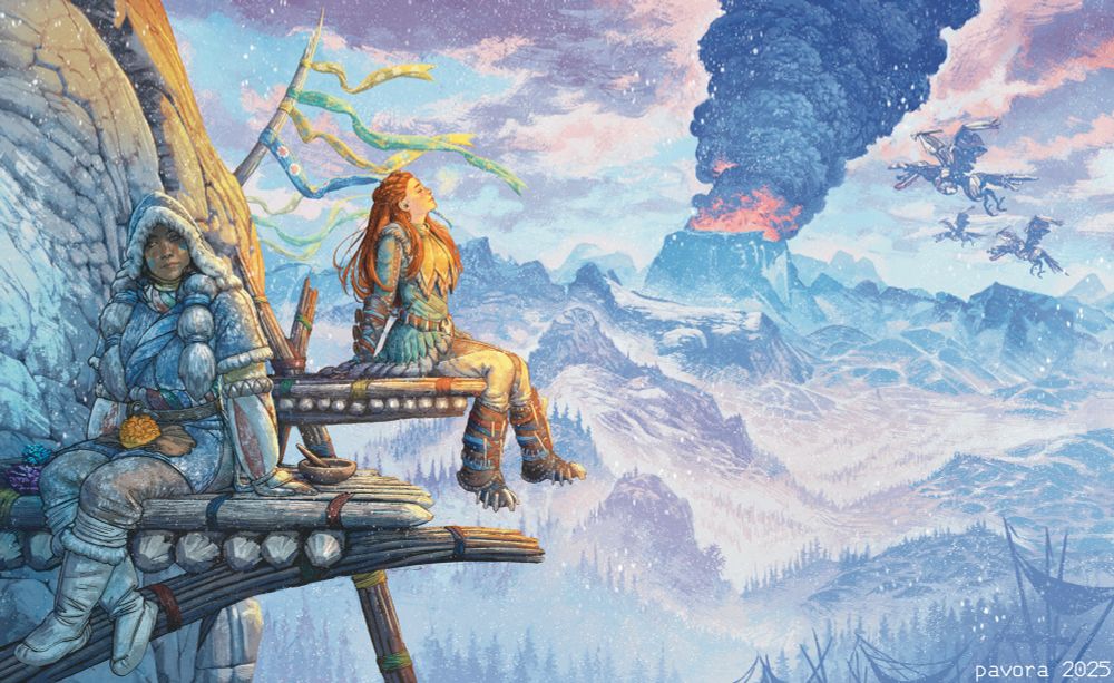 Aloy and Sekuli sit on wooden platforms on a cliff side. Sekuli has several mineral pigment clusters, including an orange one on her lap, and considers Aloy over head shoulder—possibly the moment she decides to paint her into the mural. Aloy exults in the feeling of the sun. Below them the landscape of The Cut stretches off into the distance, a small flock of glinthawks visible against the sky.

