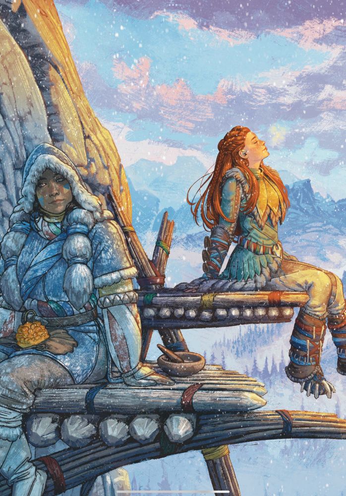 Sekuli and Aloy sit on wooden platforms on a cliff face, overlooking the wintry landscape from Song’s Edge.