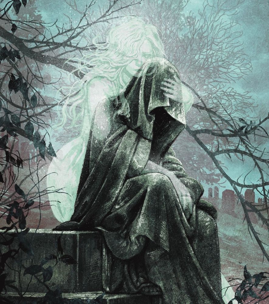 A ghost clutches a shrouded cemetery statue. 