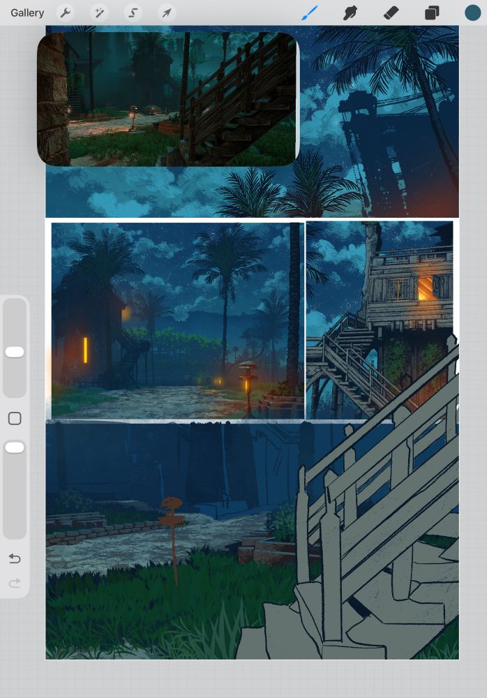 WIP of a comic page of Meridian Village at night