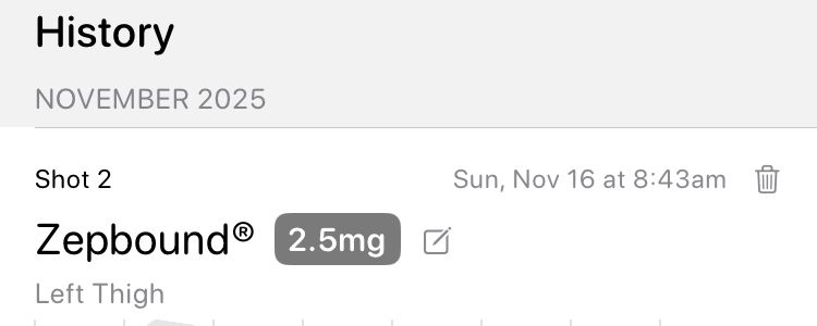 Shot 2. Zepbound 2.5mg. Sun, Nov 16 at 8:43am.