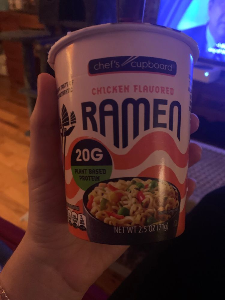 Cup of chicken flavored ramen with 20g or protein 