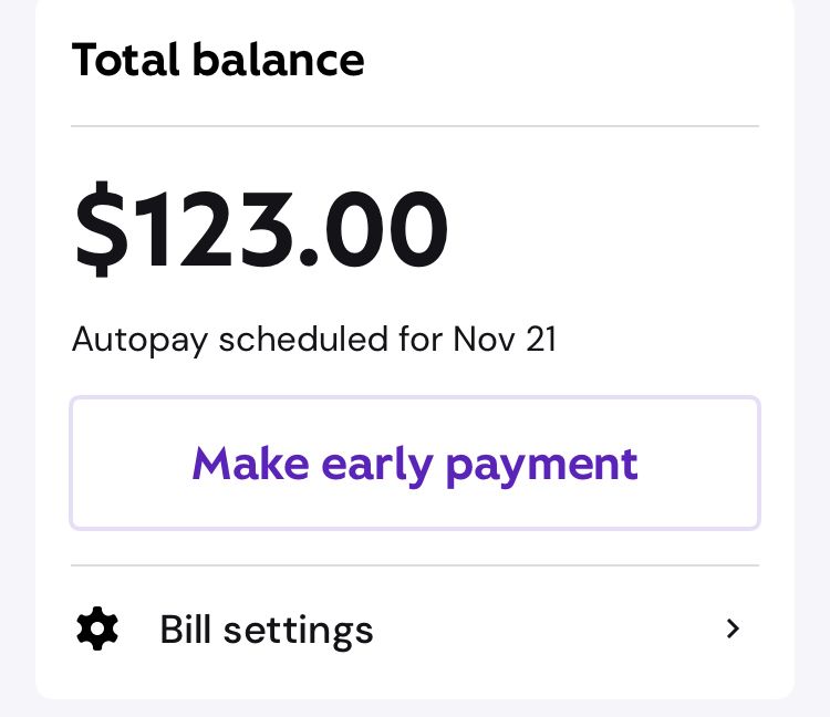Total balance $123.
Autopay scheduled for Nov 21.