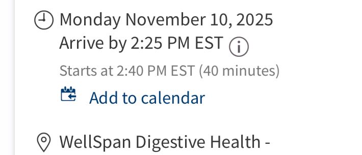 Monday November 10, 2025
Arrive by 2:25 PM EST ®
Starts at 2:40 PM EST (40 minutes)
WellSpan Digestive Health