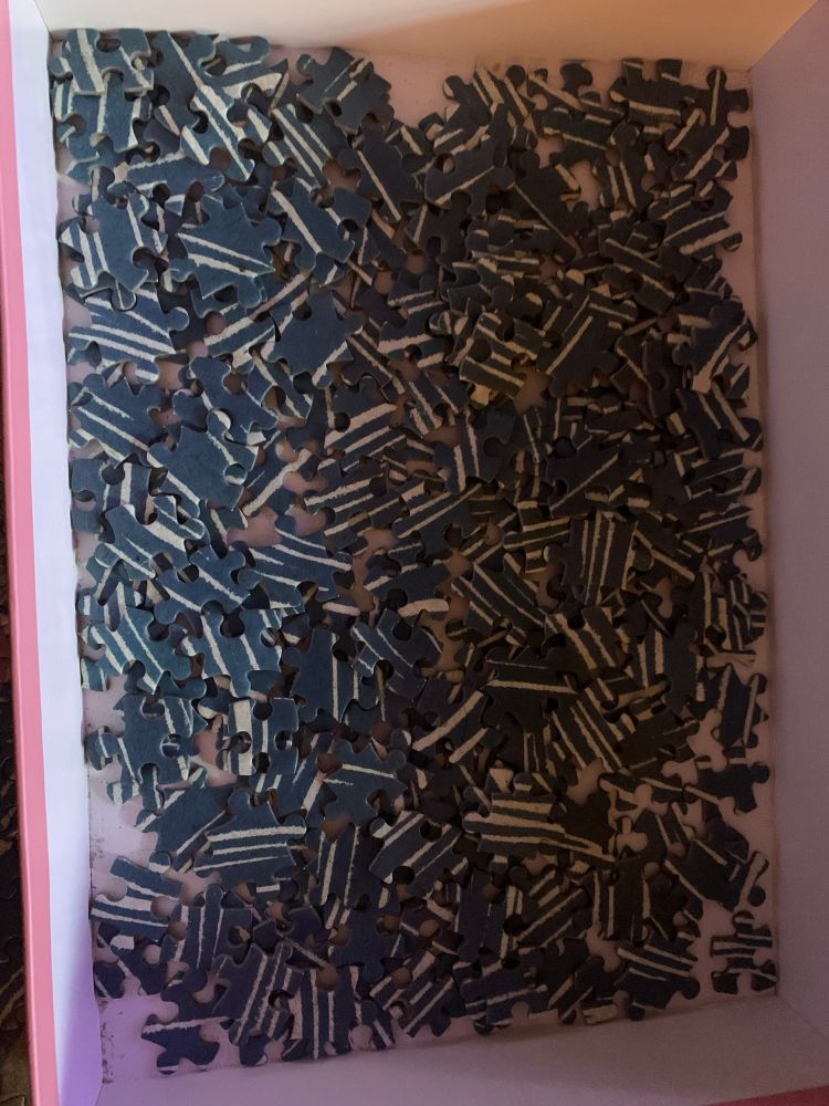 A lot of dark blue puzzle pieces with white lines that basically look identical 