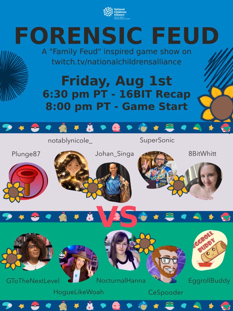 A flyer for Forensic Feud: A "Family Feud" inspired game show on twitch.tv/nationalchildrensalliance. Friday, Aug 1st. 6:30 pm PT is the recap. 8 pm PT is the game. It features the teams (tagged in the thread)