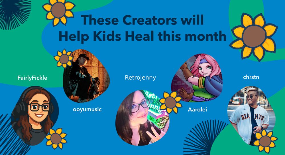Graphic of streamers who will be going live for Help Kids Heal. From left to right: SailorPlasma, Terrixdactly, TheHungerService, Kretical, RichiKupo