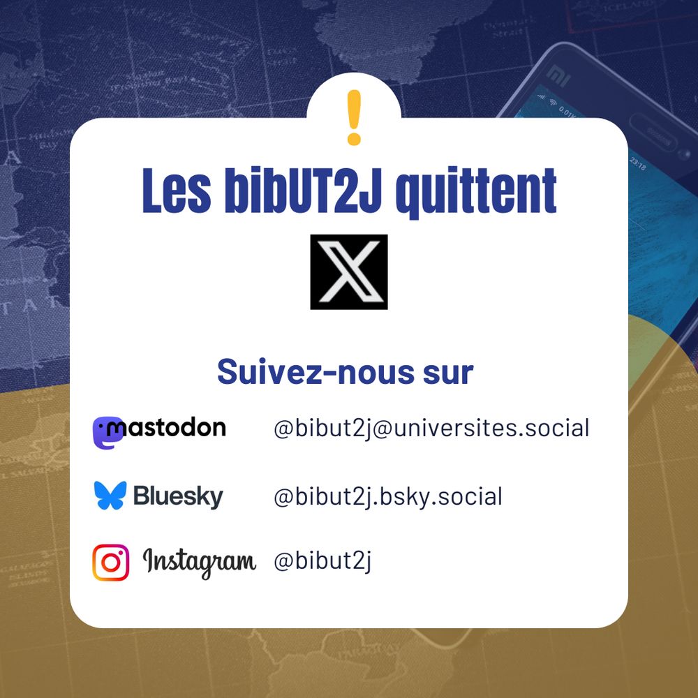 Les bibUT2J quittent X. Suivez-nous sur Mastodon @bibut2j@universites.social ou sur Bluesky @bibut2j.bsky.social , ou sur Instagram @bibut2j