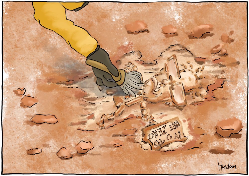Single panel editorial cartoon. In an arid landscape, an arm in a hazmat suit has entered the frame with a brush and is gently uncovering a fossil of a littleproudus minor holding a fossilised sign that reads ‘No To Net Zero’.