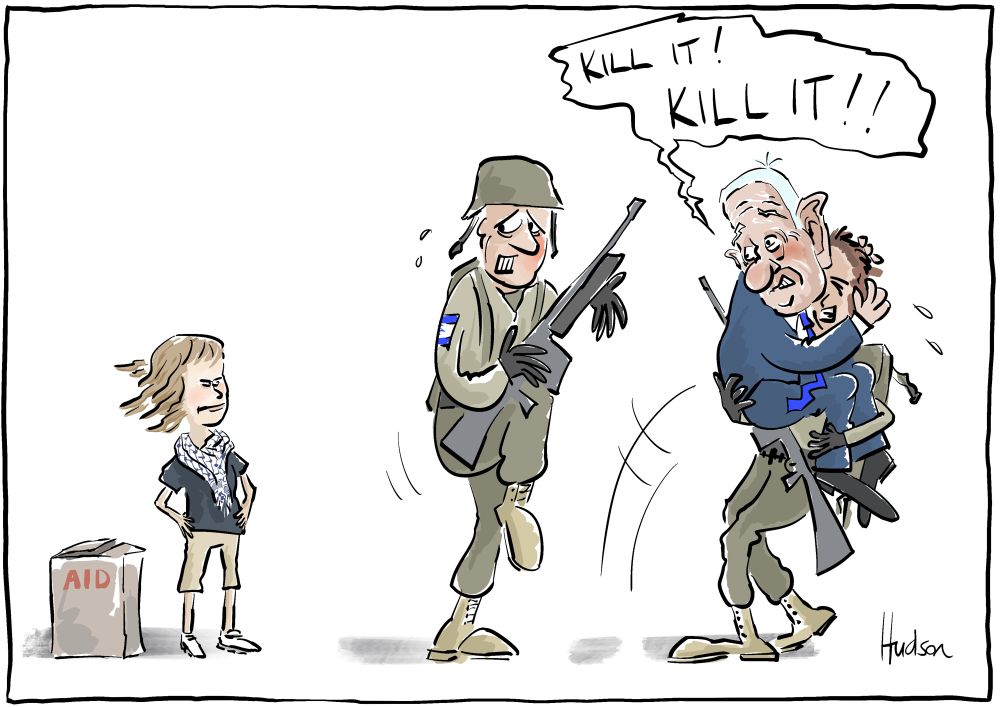 Single panel editorial cartoon titled More Self Defence. A frightened Netanyahu leaps into an IDF soldier’s arms shrieking “Kill it! Kill it!!” To another equally frightened soldier. They are looking down on a diminutive Greta Thunberg standing defiantly in front of a cardboard box marked ‘AID’. 