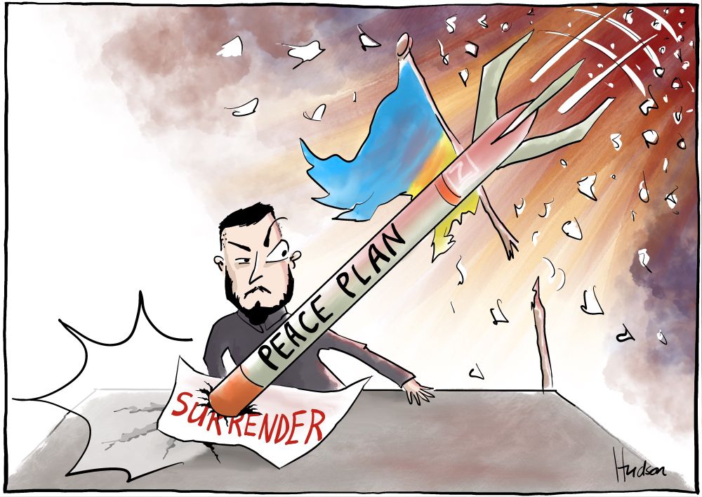 Volodymyr Zelenskyy is in his office and looks somewhat bemused at a missile crashing through the roof, tearing through his Ukraine flag and impaling his desk. The missile is marked ‘Peace Plan’ and has a note on its nose cone that reads ‘surrender’.