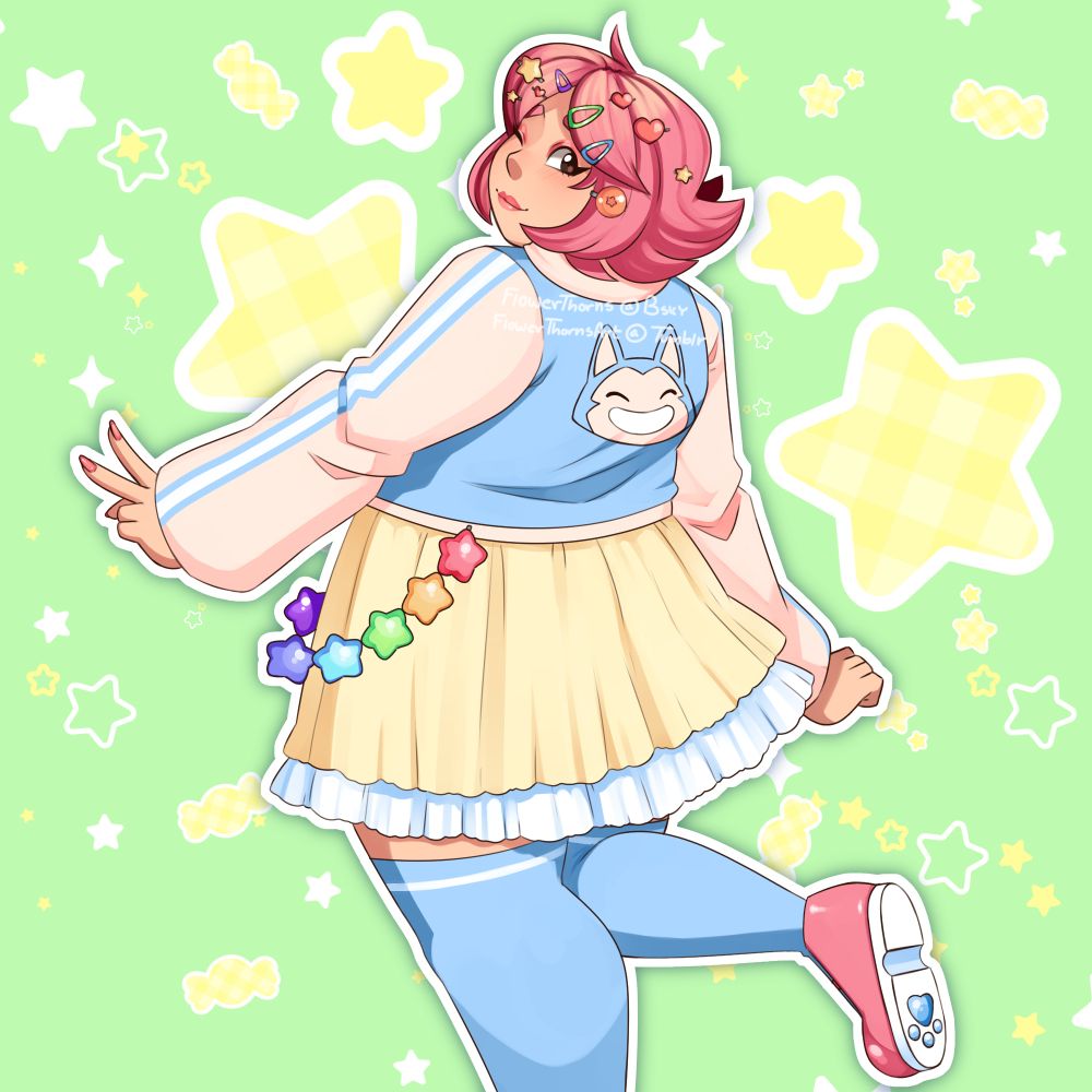 A woman with pink hair and a bunch of different cute hair clips in a pastel outfit