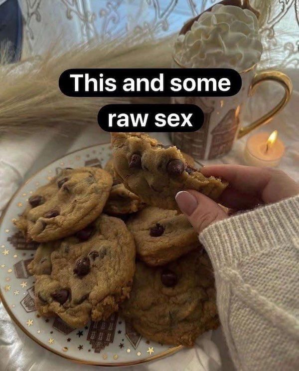 a meme depicting a hand in a beige sweater, holding up a half eaten cookie in front of a plate of more cookies with the text "This and some raw sex" above.