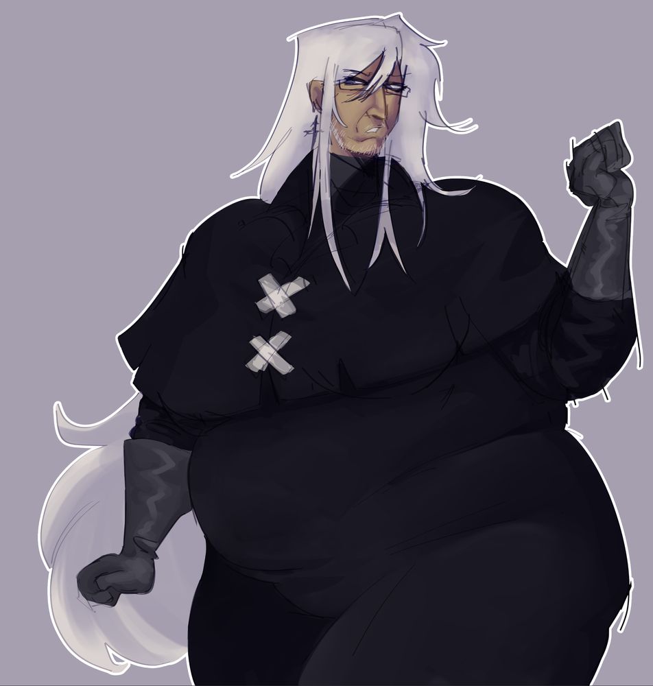 Coloured sketch of a fat woman in an outfit reminiscent of an medieval executioner's outfit.