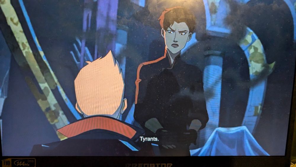 A screenshot of The Legend of Vox Machina season 3 featuring Percy and Anna.
