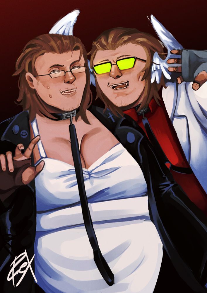 A drawing of two people together looking at the viewer. They both visually look like the same people, having the same hair colour, facial hair and bodies. However the right has angel wings coming from the side of their head. They wear different clothes, the only accessories they share being a collar and wrist compression gloves. 