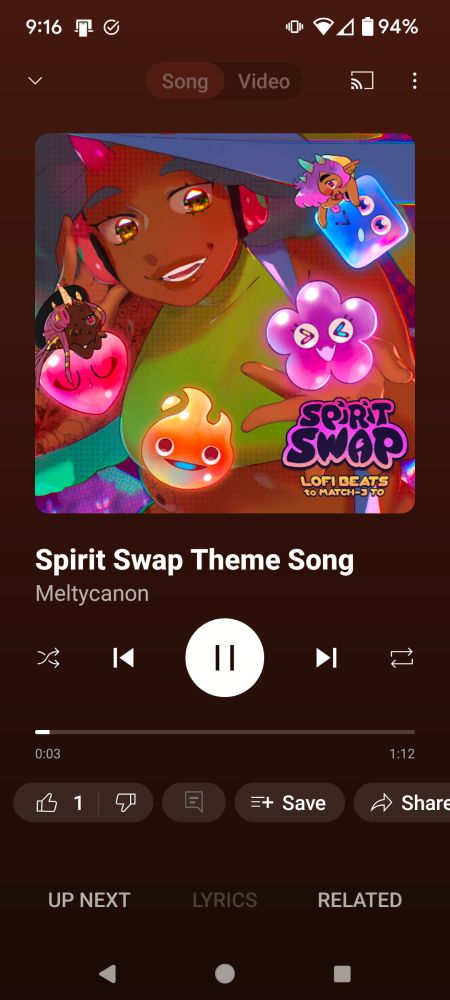 Screenshot of YouTube Music app playing Spirit Swap Theme Song by Meltycanon from the game Spirit Swap Lo-fi Beats to Match-3 to 