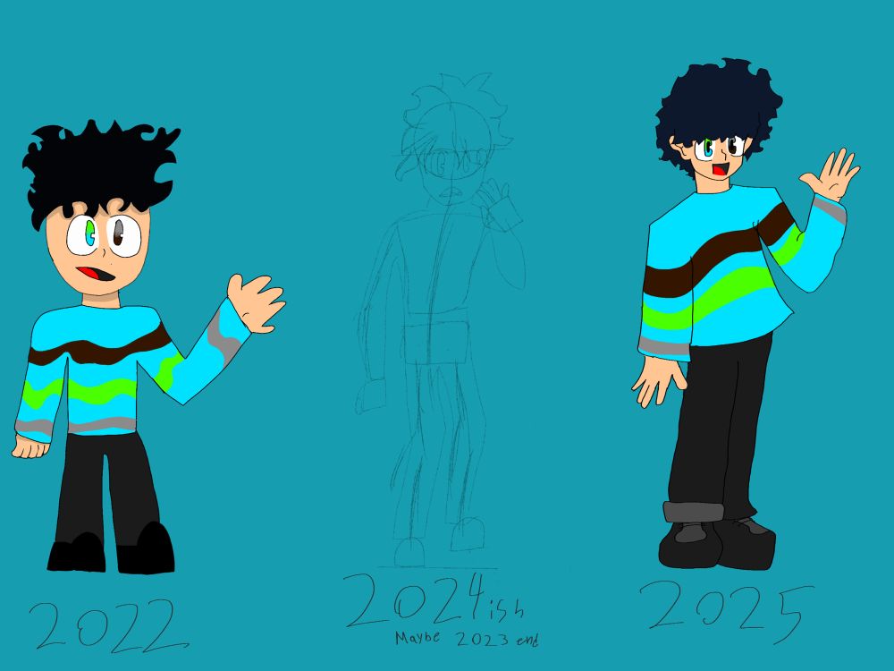 The middle one ain’t finished because I didn’t continue after the sketch.FUN FACT:the character was actually made for a game in the 7th grade.it was going to be an rpg but it was horribly made since one it was barely worked on and no effort really was put in it.that game would’ve been a bad idea anyway because I didn’t understand the concept of copyright yet😓